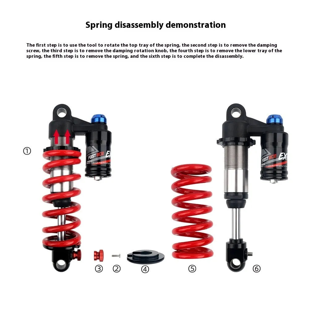 Aluminium mountain bicycle shock absorber with adjustment dials in red or black.