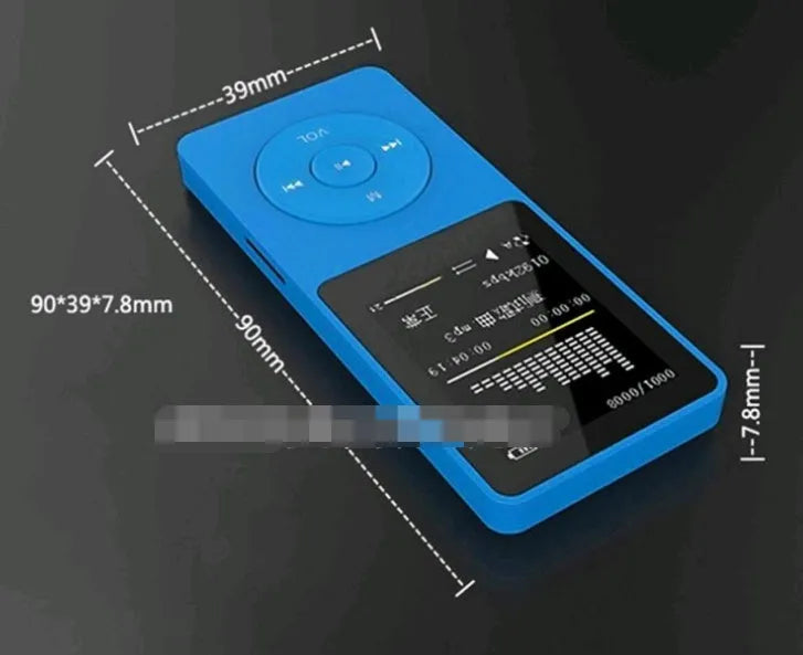 Compact black MP4 player with a 1.8-inch colour screen, showing a music playlist interface.