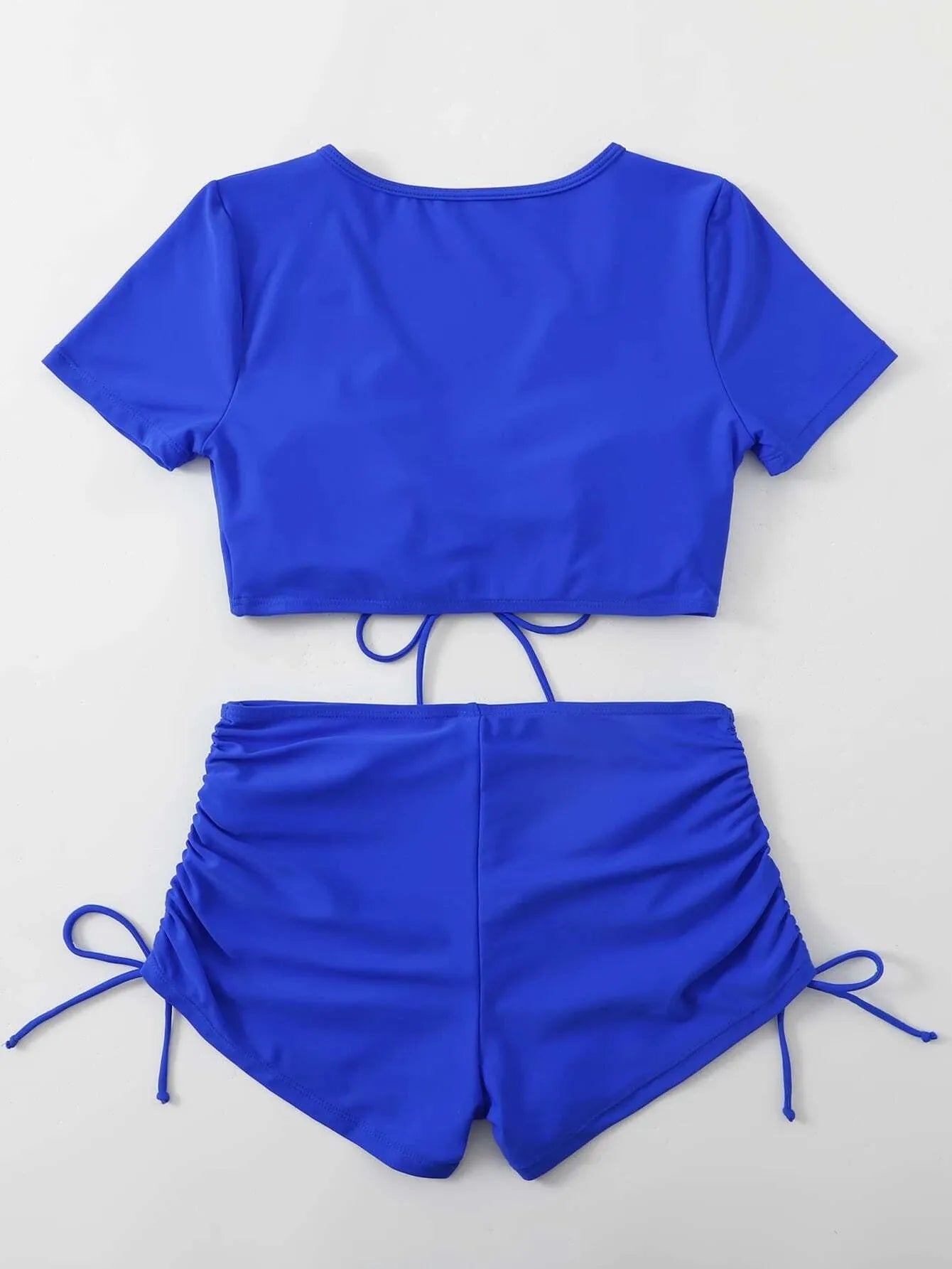 Lady lace-up bow swimsuit set with matching shorts in dark green colour