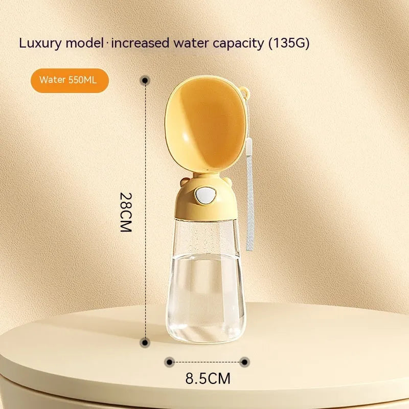 Portable dog water bottle and feeder bowl for outdoor travel in yellow, pink, or brown.