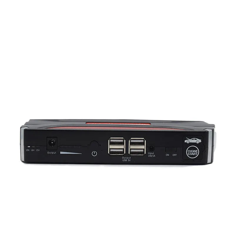 Black and red 12V vehicle emergency jump starter power supply unit with display