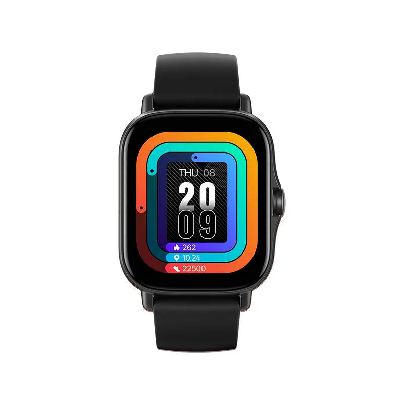 GT20 smartwatch in black with alloy case and silicone strap showing heart rate monitoring on screen.