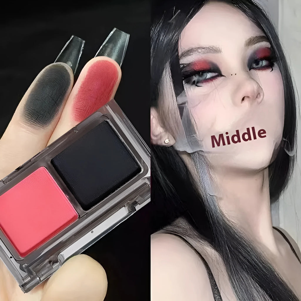 Cool two-tone eye shadow plate showing pink and black matte shimmer colours in a standard cosmetic compact.