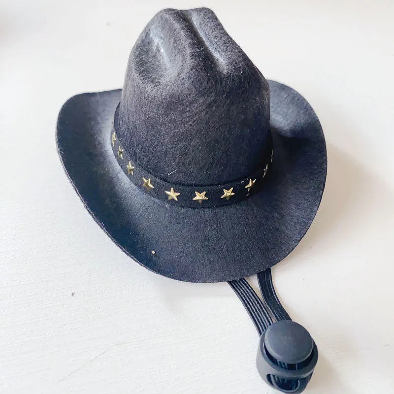 Brown British cowboy hat for a cat on a white background with a black ribbon trim.