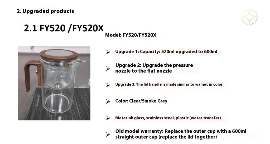 Glass teapot with magnetic separation button, walnut wood handle, and Chinese style design on tea tray