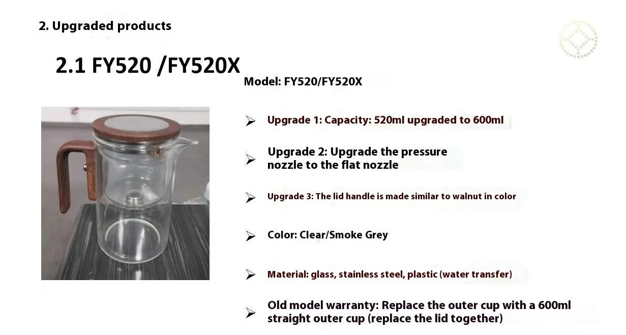 Glass teapot with magnetic separation button, walnut wood handle, and Chinese style design on tea tray