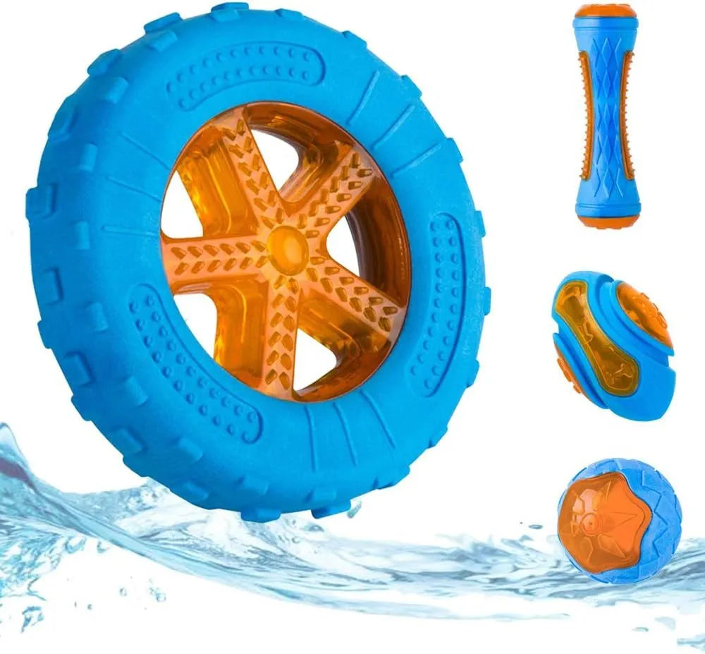 Set of three TPR dog toys: a spiky ball, a barbell, and a tyre, all floating in water.