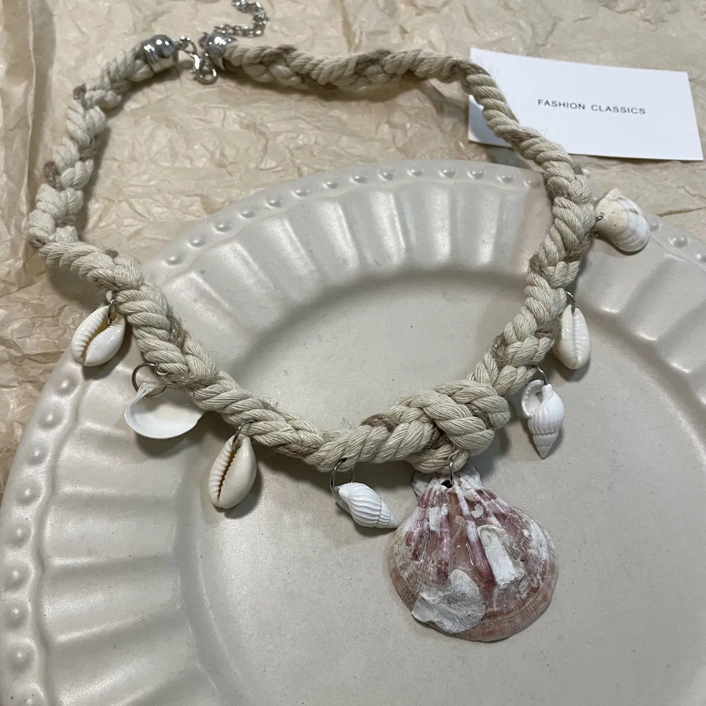 Shell pendant braided rope necklace, adjustable 51-60cm chain, electroplated finish, women's casual vacation style