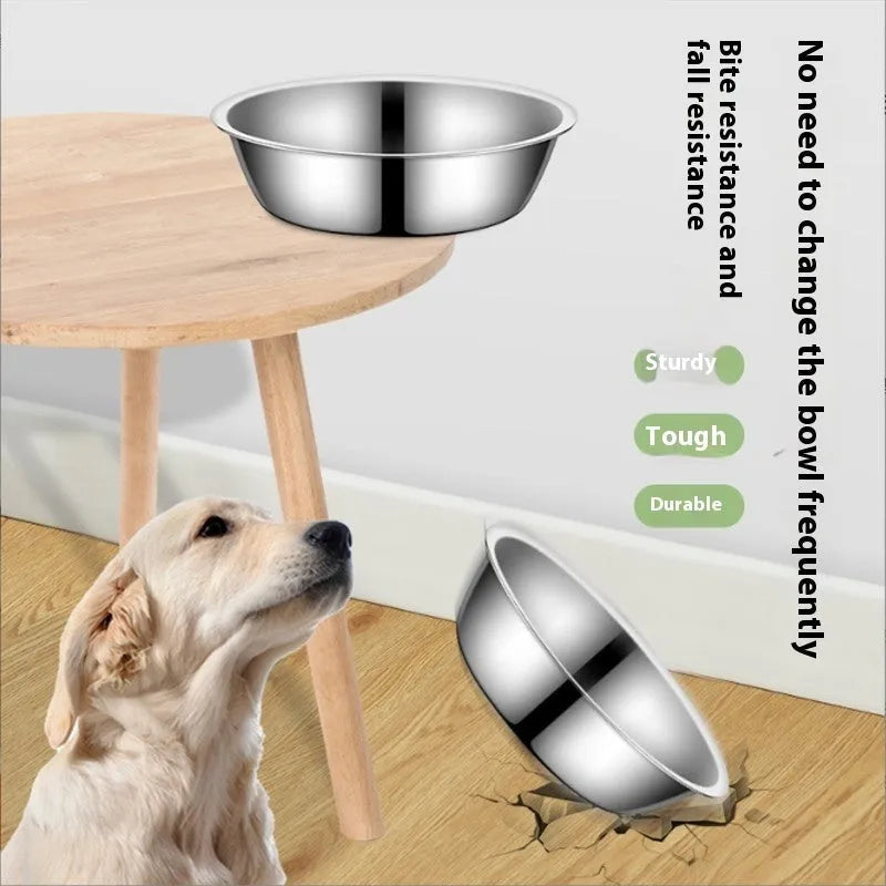 Stainless steel pet food bowl for dogs and cats with non-slip base in various sizes.