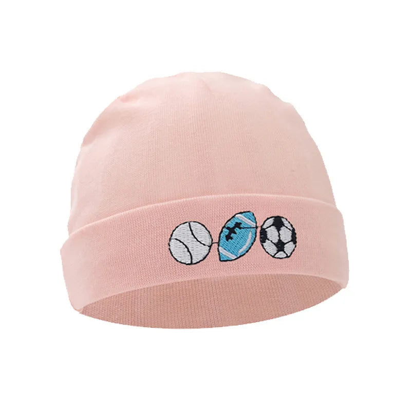 Set of white, light blue, and grey cotton baby pullover caps, gloves, and foot covers for infants.