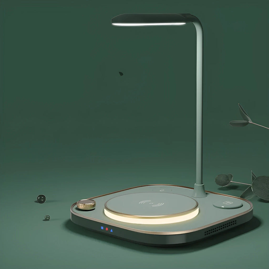 Black wireless charging desk lamp dock with phone charging on pad and Type-C cable