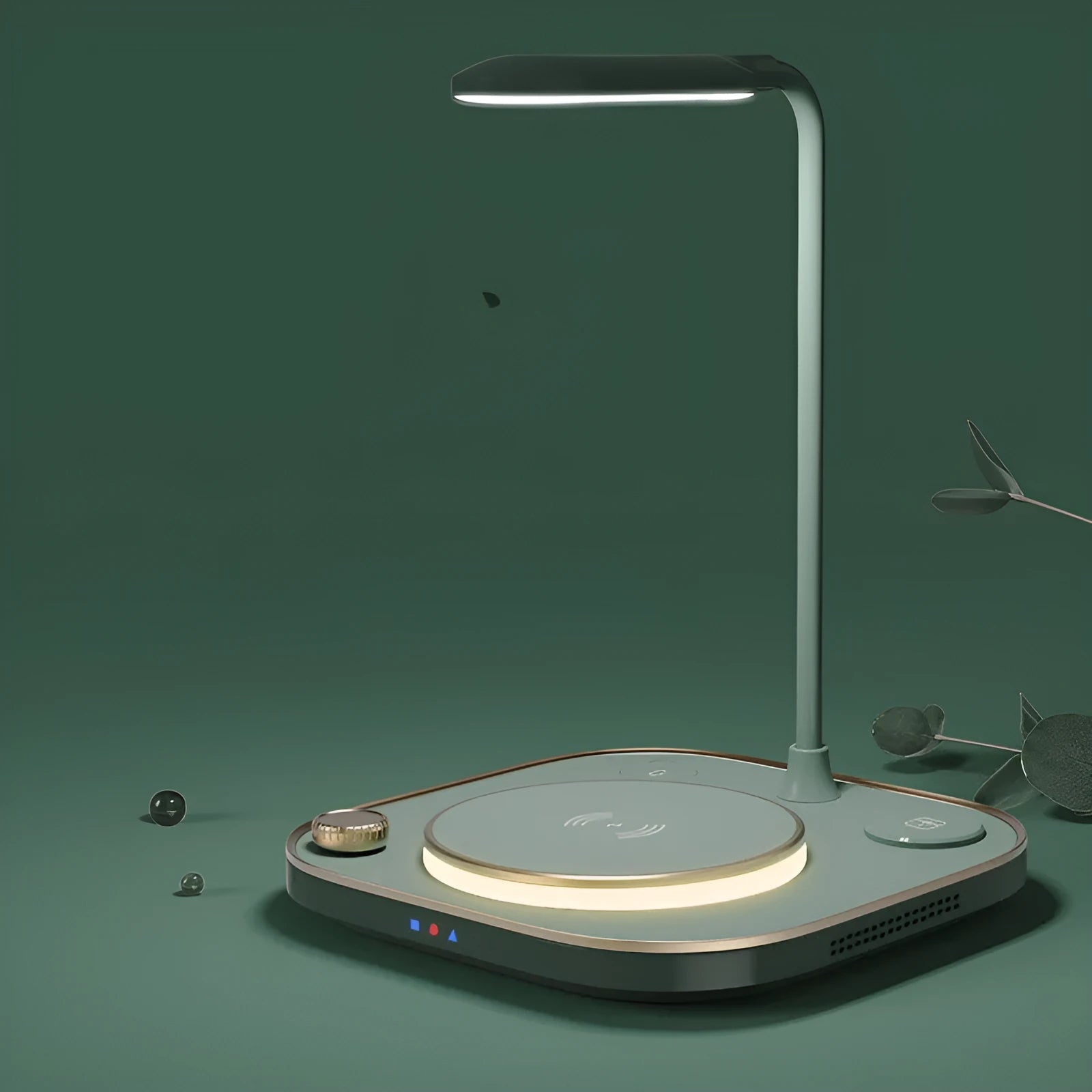 Black wireless charging desk lamp dock with phone charging on pad and Type-C cable