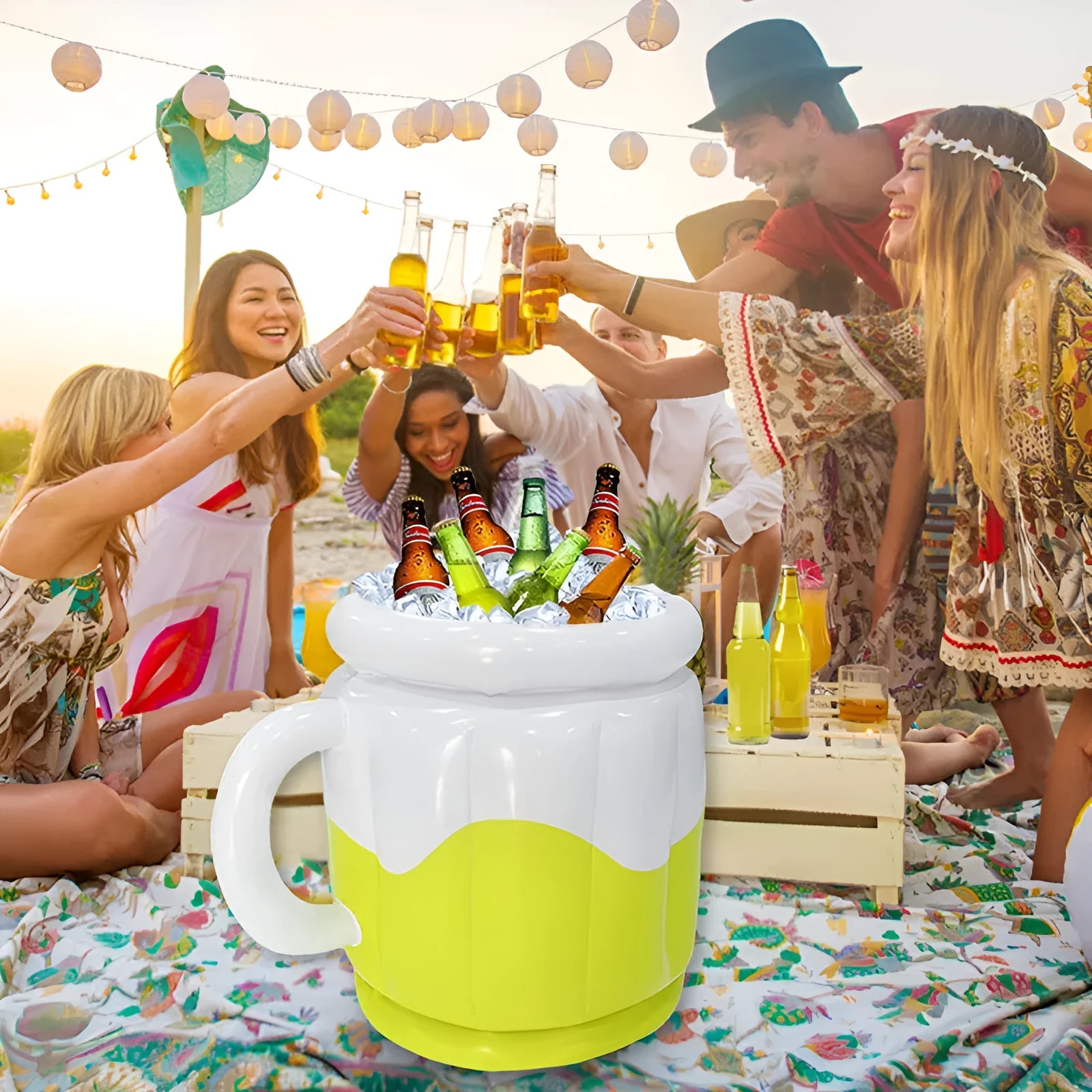 Yellow PVC inflatable ice bucket designed for outdoor parties and camping trips
