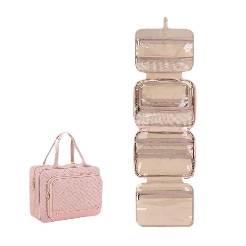 Black hanging waterproof cosmetic bag with clear compartments for toiletries