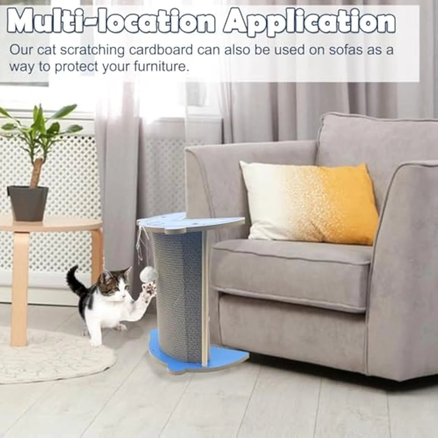 Cat corner scratcher cardboard pad for wall placement with hanging ball attachment