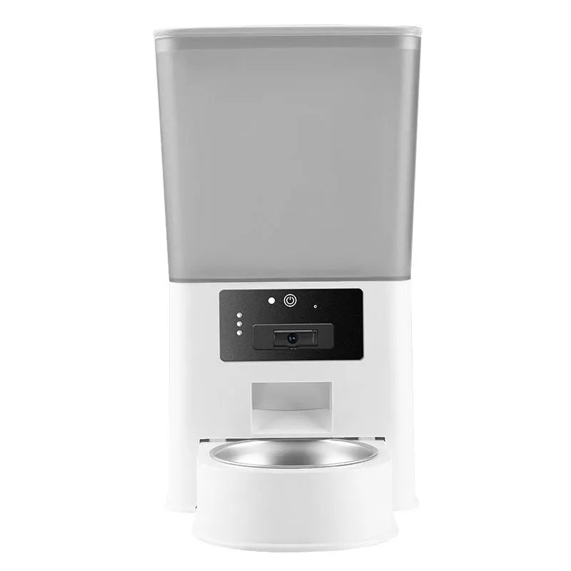 Stainless steel smart pet feeder with double bowl for food and water, showing control panel and 5L capacity.
