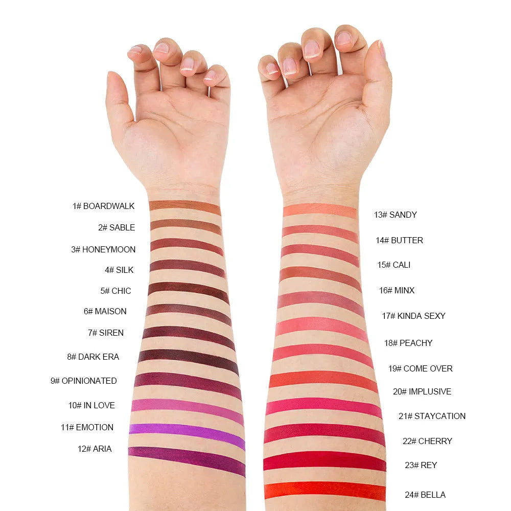Beauty Does Not Fade matte finish lipstick in one of 24 colours with waterproof anti-discoloration formula.