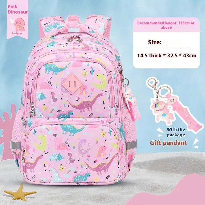 Children's waterproof school backpack with dinosaur pattern and curved shoulder straps