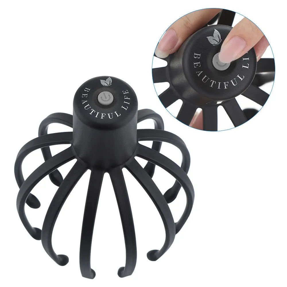 Black electric scalp massager with 12 TPE 3D massage arms on a flat surface