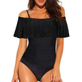 Black one-piece swimsuit with cut-out detail and ruffled strap tube top.