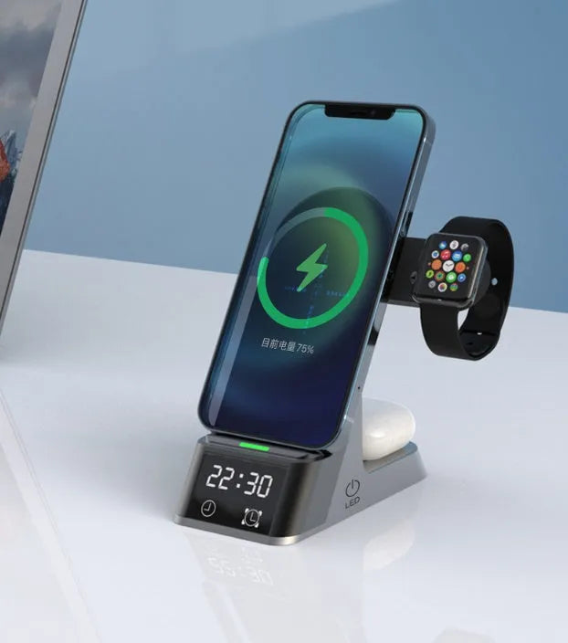 Black six-in-one alarm clock and wireless charging station with digital display and TYPE-C port.