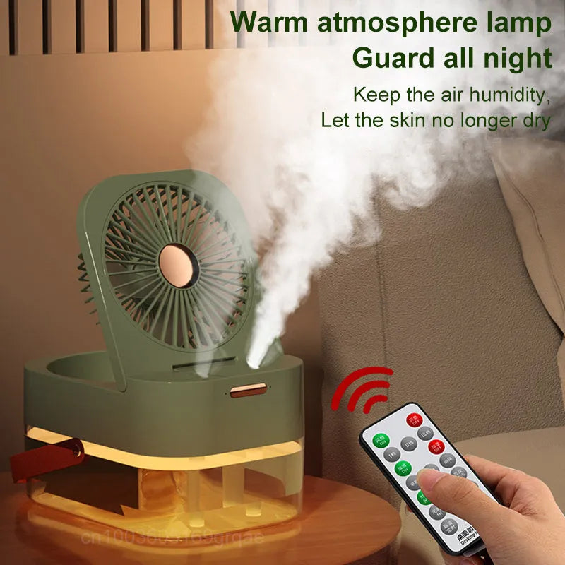 USB desktop humidifier spray fan with remote control in pearl white or forest green, showing 2.5L water tank and dual spray nozzles