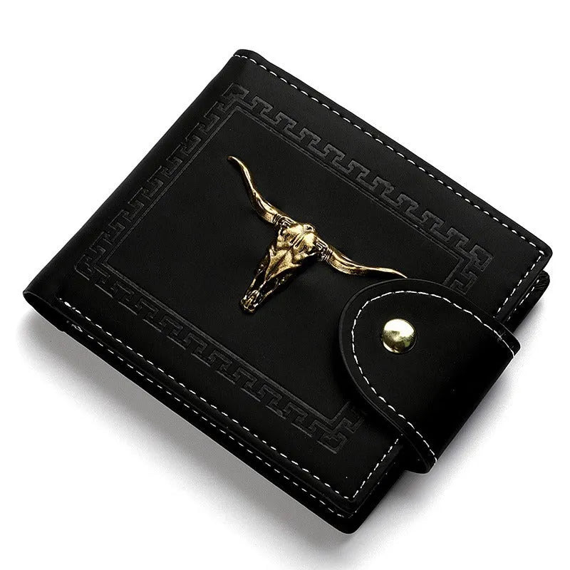 Black animal print men's wallet with a silver zip and multiple card slots.