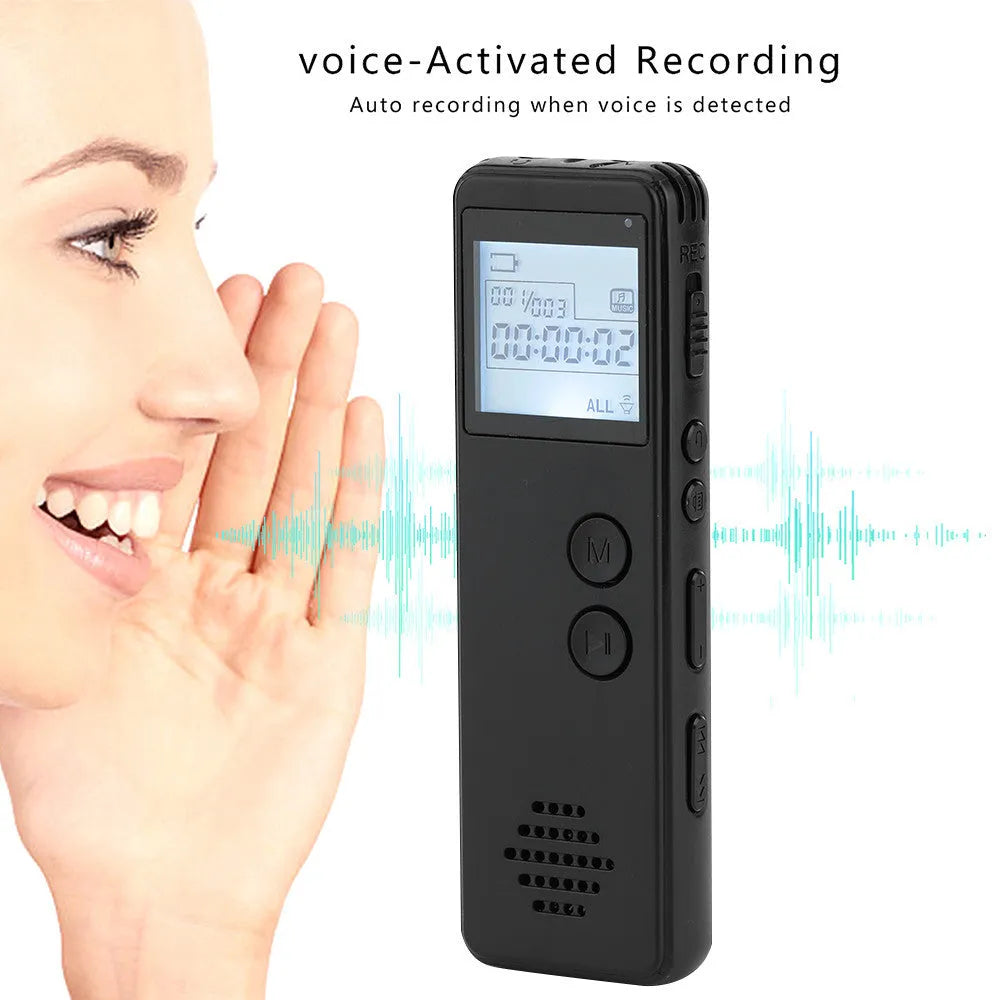 Black matte finish digital voice recorder with a small backlit screen, showing recording time and memory capacity.
