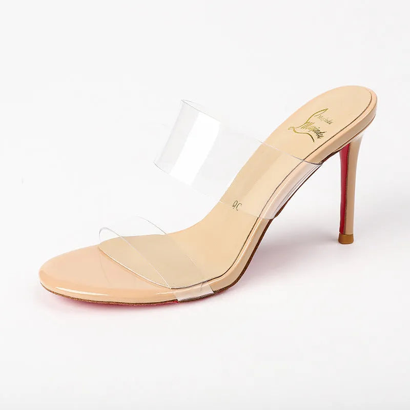Women's transparent ankle-strap stiletto sandals with 8cm heel in black and apricot colours
