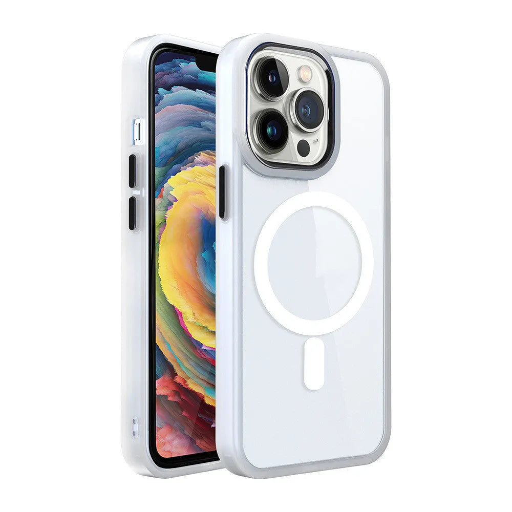 Clear magnetic silicone phone case for iPhone showing MagSafe ring and raised screen bezel