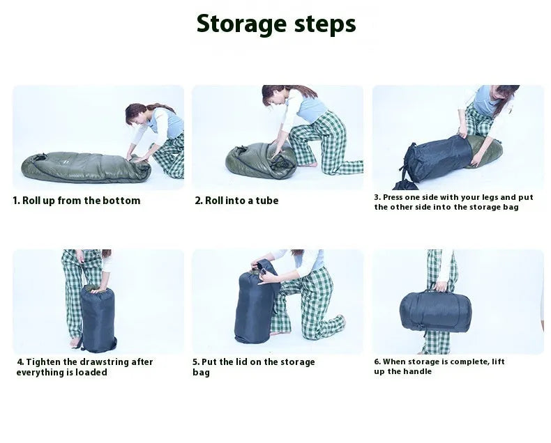 Ultralight mummy-style sleeping bag in army green colour with white duck down filling.