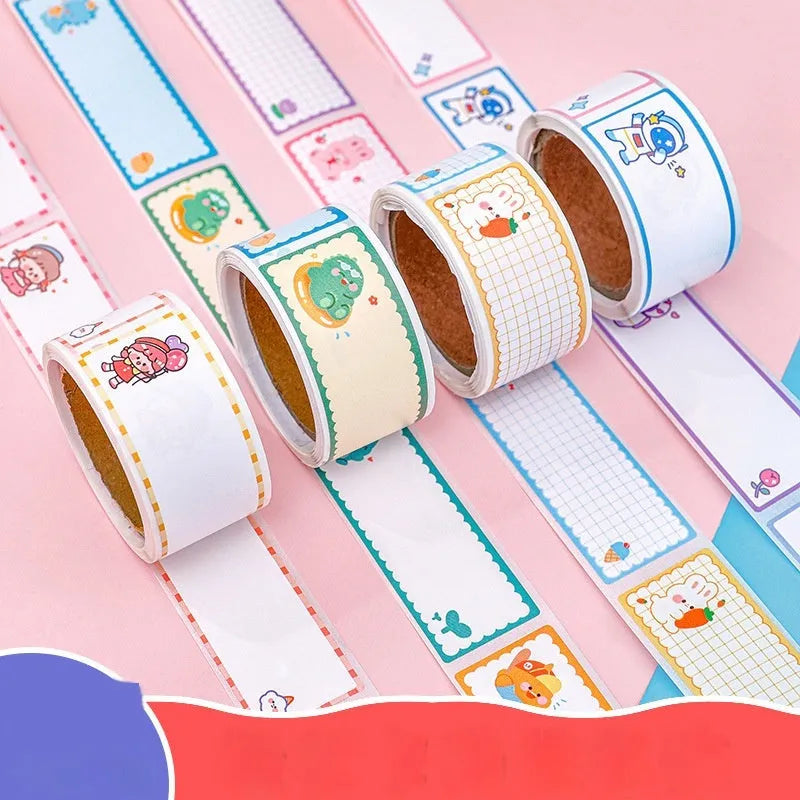 Roll of colourful cartoon name tape stickers showing dinosaur, astronaut, rabbit, and girl designs.