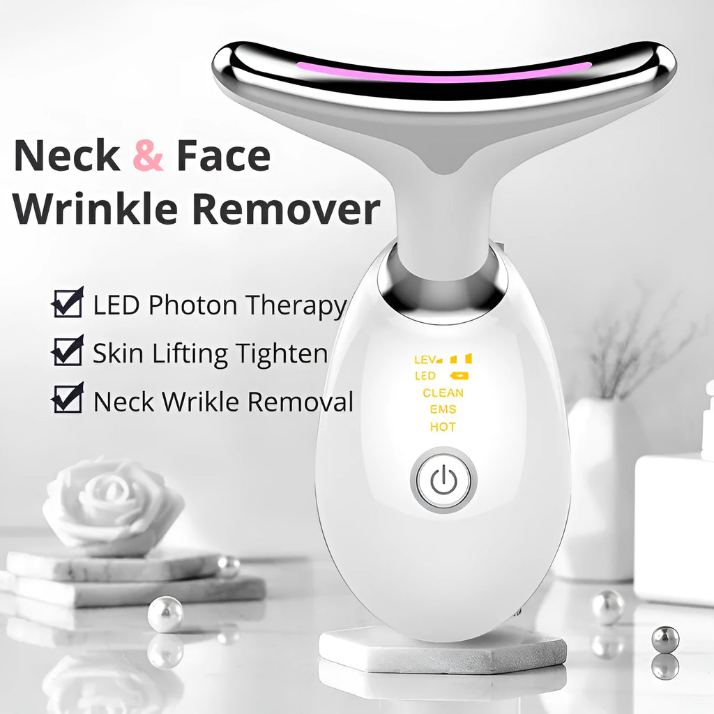 Black silver EMS neck massager with LED lights for skin tightening and wrinkle reduction