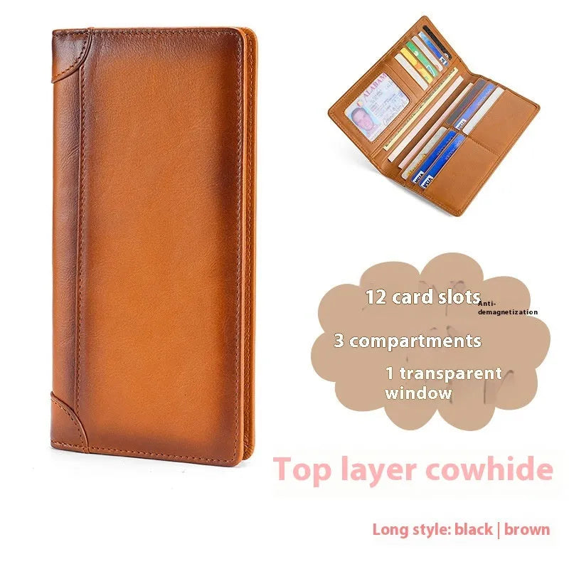 Men's polished genuine leather wallet in brown with vertical card slots and cowhide lining