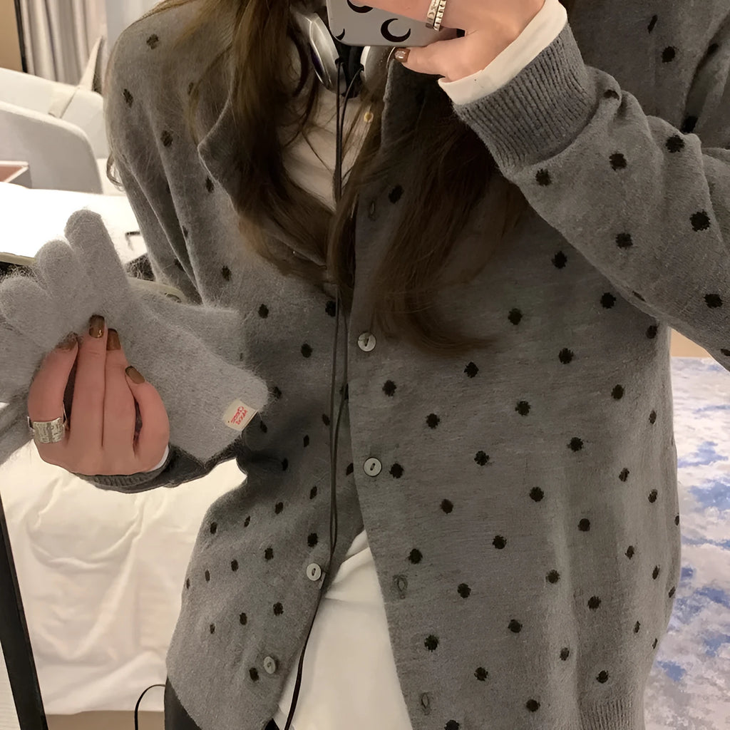 Women's grey dot knitted cardigan with crochet flowers, long sleeves, and loose fit