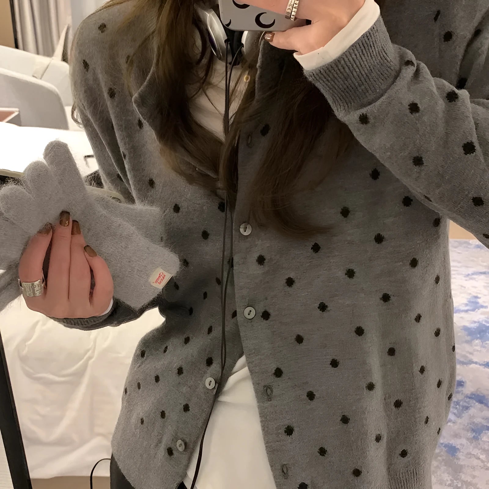 Women's grey dot knitted cardigan with crochet flowers, long sleeves, and loose fit