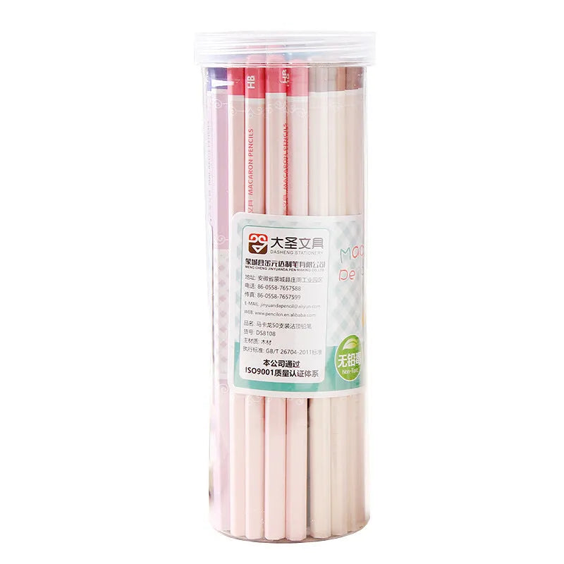 Wooden barrel containing 50 six-angle Basswood thermal transfer HB pencils.