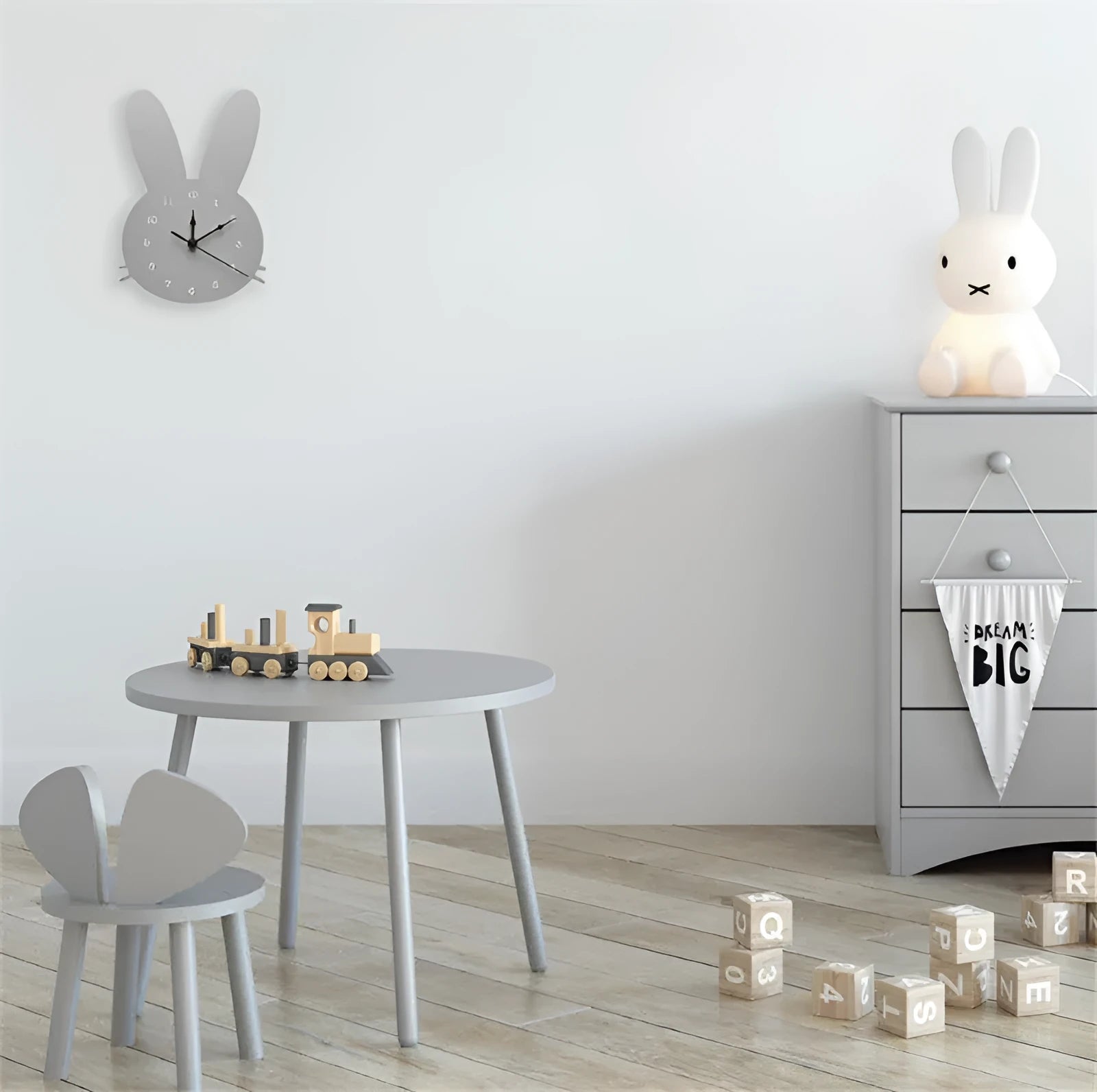 Wooden cartoon wall clock with battery operation showing alien, crown, rabbit, swan, cloud and ice cream designs