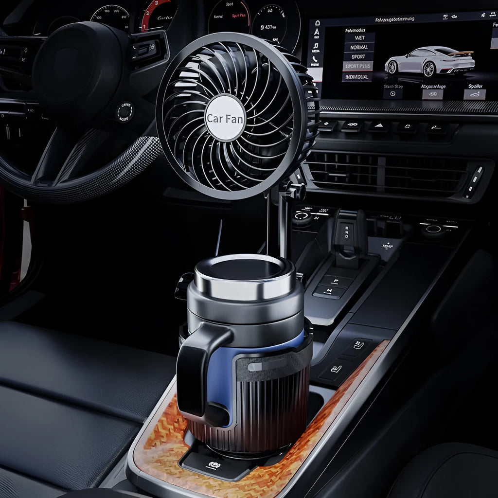 ABS plastic car fan sitting in a vehicle cup holder