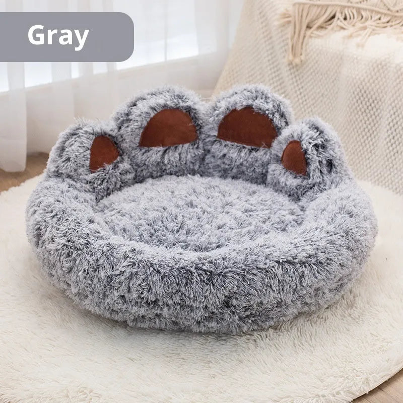 Plush thickened dog bed in double silk coffee with hand-shaped brush finish, available in 50cm to 100cm diameter sizes