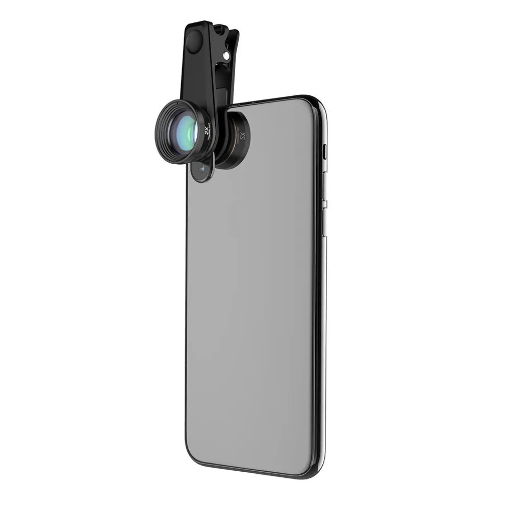 Black 6-in-1 smartphone camera lens kit with fisheye, wide-angle, macro, telephoto, CPL and star filter lenses and universal clip