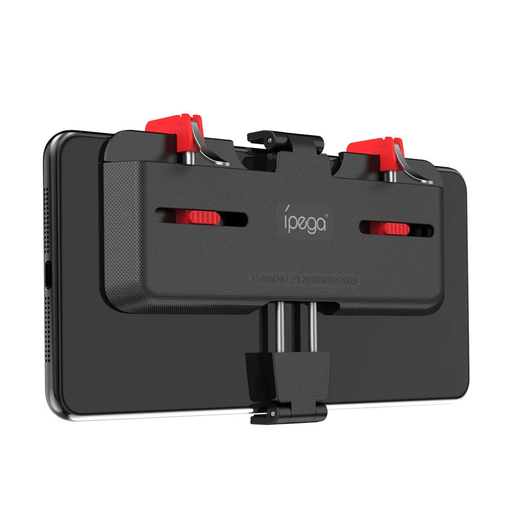 Black PG-9137 mobile phone gaming trigger grip stand with adjustable metal trigger and telescopic fixing clip.