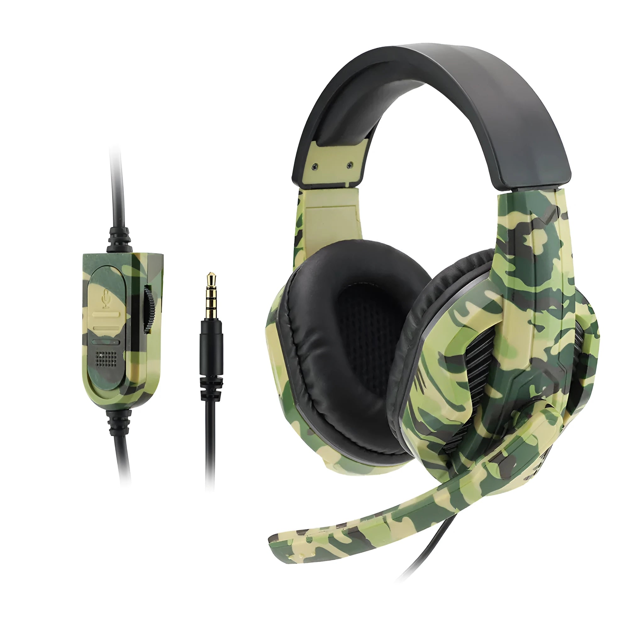Army green camouflage wired over-ear gaming headset with microphone and black cable.