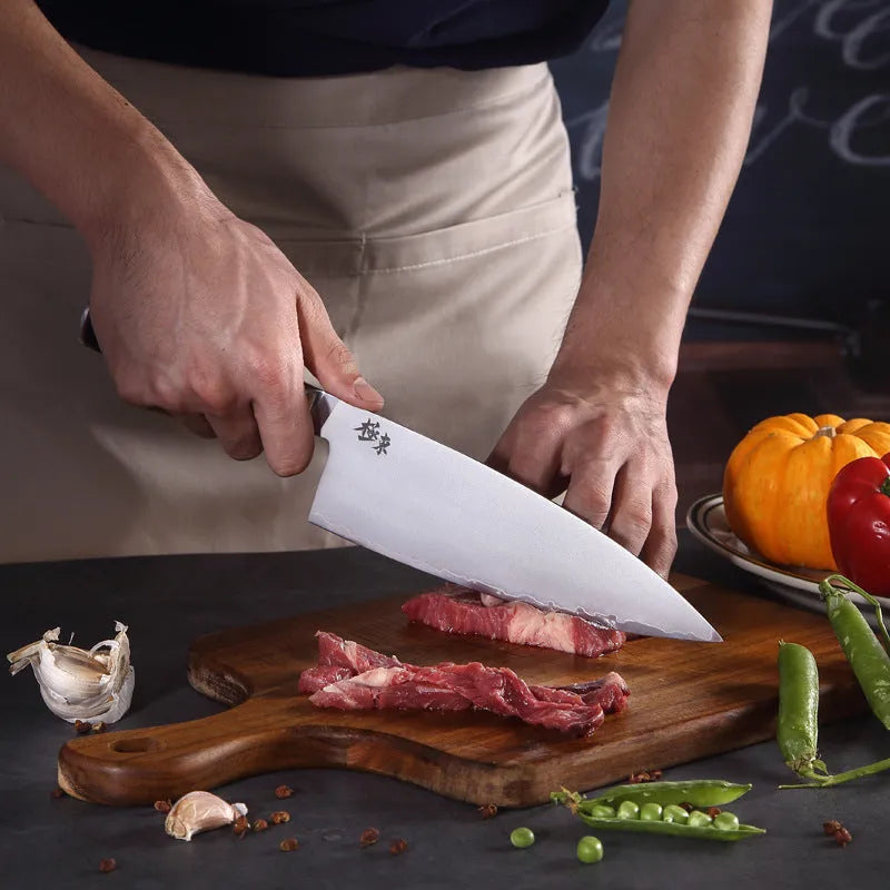 Sanhe Steel AUS-10 stainless steel 8-inch Japanese-style butcher knife on cutting board
