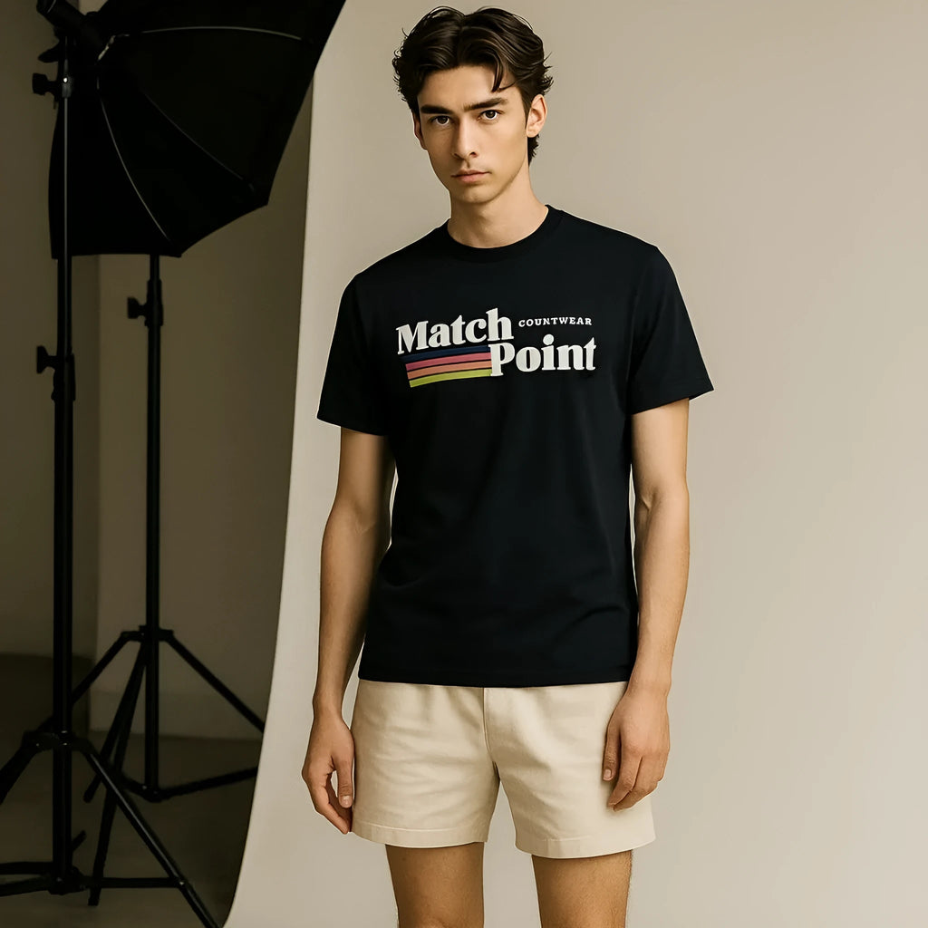 Black men's t-shirt with a 3D digital print pattern on the front, featuring short sleeves and a round neck.