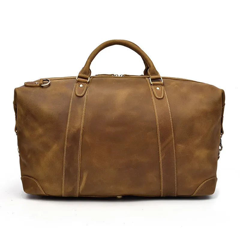 Crazy horse leather large capacity luggage bag in dark brown, 45cm length, with first layer cowhide construction
