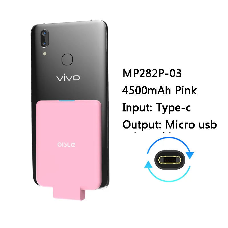 Slim 4500mAh back clip battery for iPhone Android Type-C phones in black, white, blue, pink, red