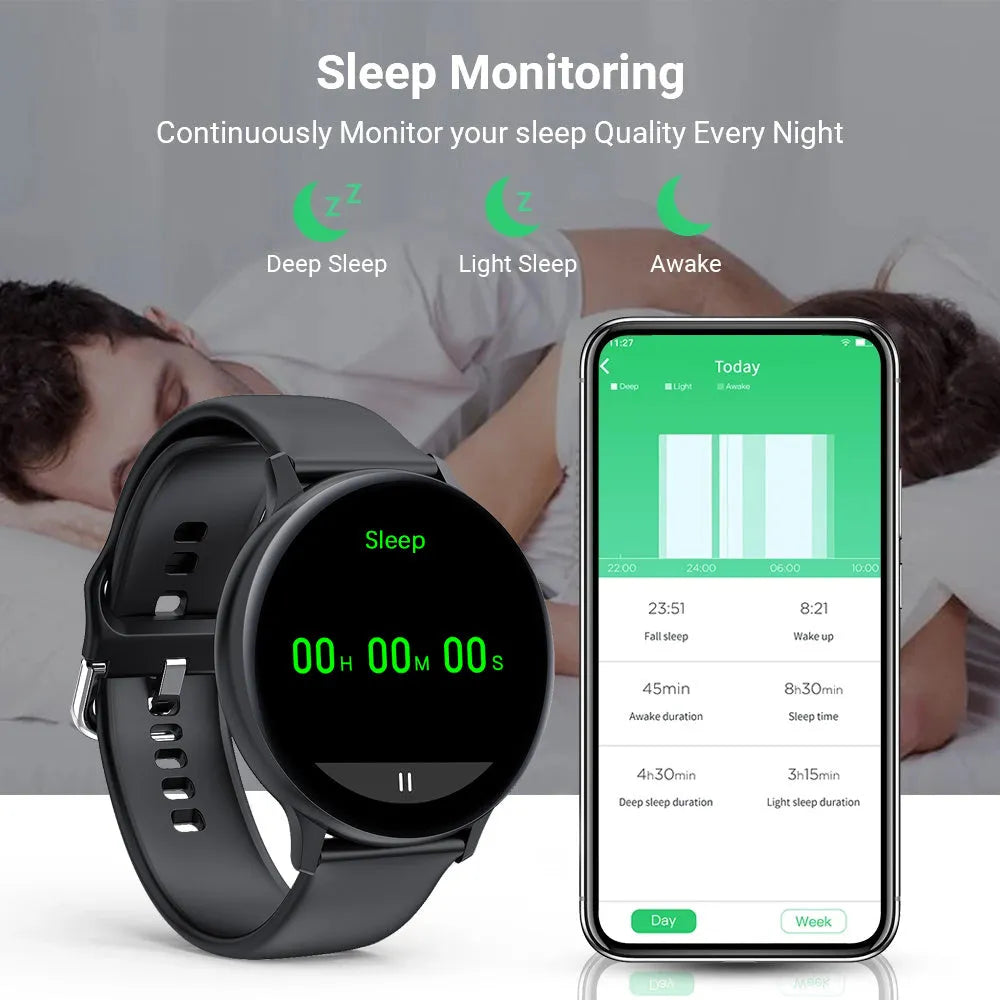 Black smart bracelet with touch screen showing heart rate and call functions on wrist