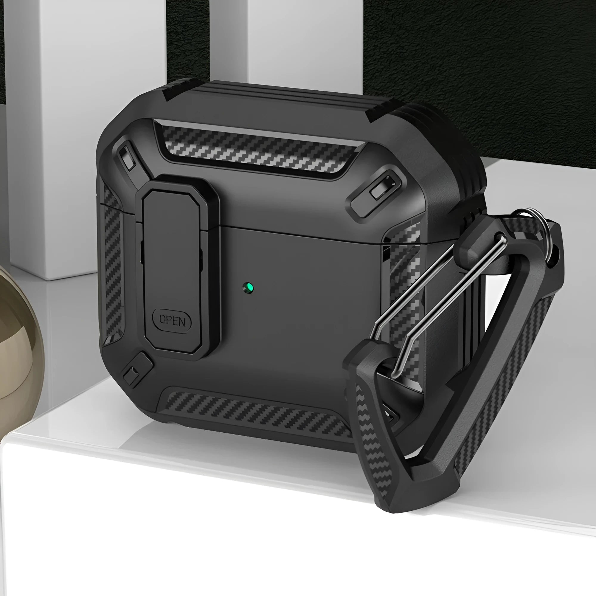 Plastic clamshell AirPods case with hook in two-colour design options