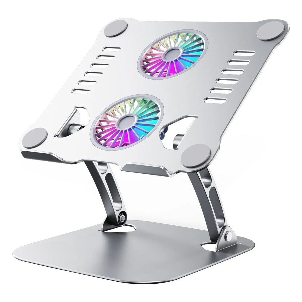 Silver aluminium foldable lifting laptop stand on a desk with a laptop placed on top